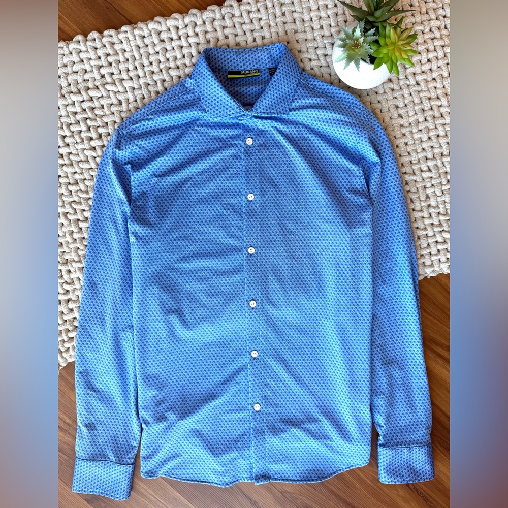 Murano | Men’s Performance Slim Fit Button Down Shirt Blue Geo Pattern | Large